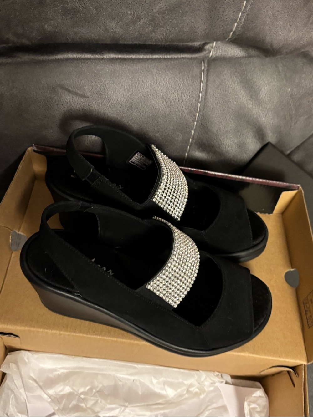 Women's Black Slingback Wedges with Rhinestone Accent Skechers Memory Foam